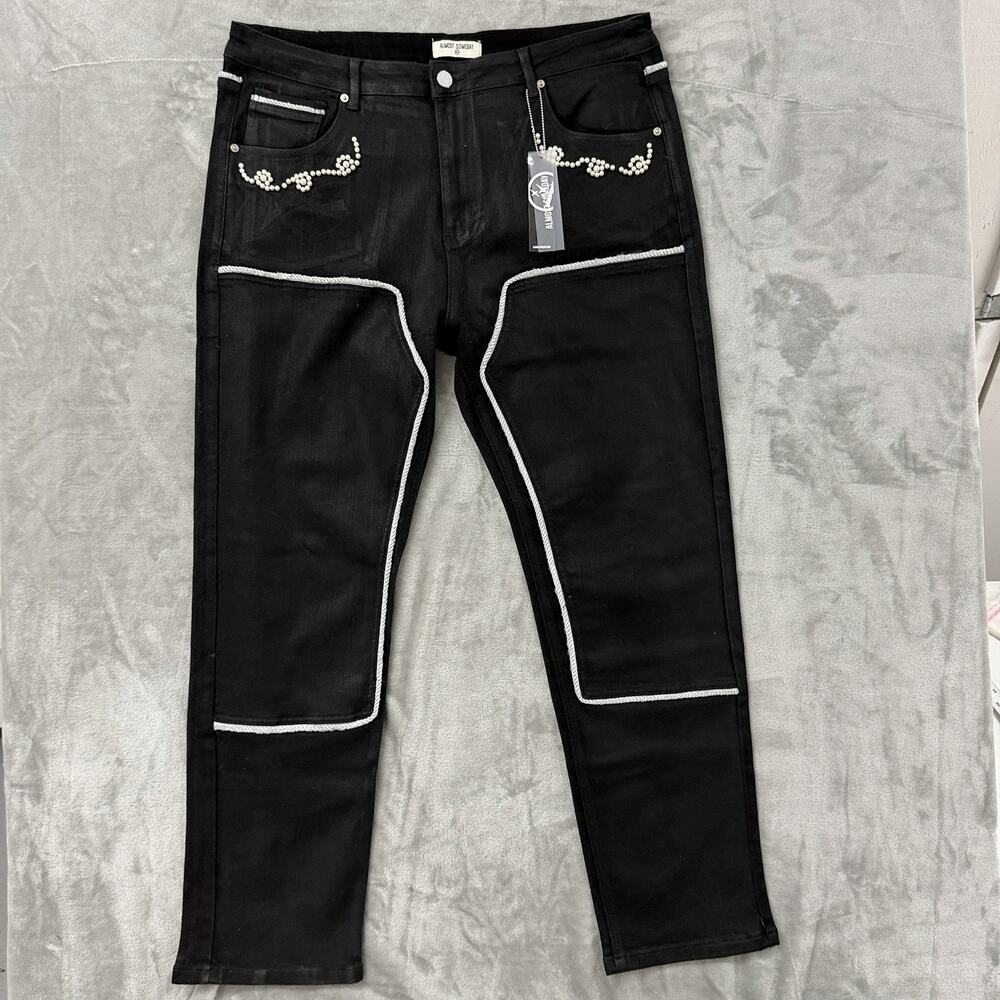Almost Someday Belfort Straight Leg Denim Jeans Black Pearl Rivet Rope Trim 42